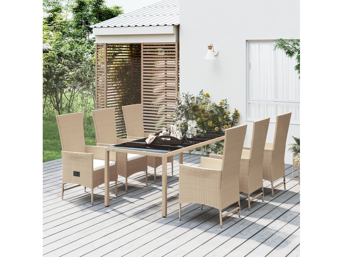 7 Pcs Conjunto De Jantar P/ Jardim Com Almofadões Vime Pe Bege Dkd Home Decor