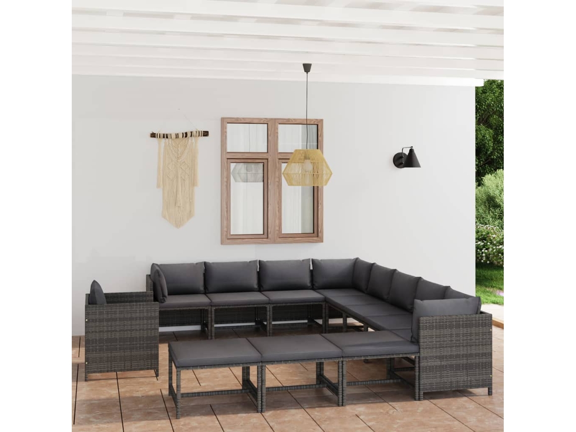 Vidaxl 12 Pcs Conjunto Lounge De Jardim C/ Almofadões Vime Pe Cinzento