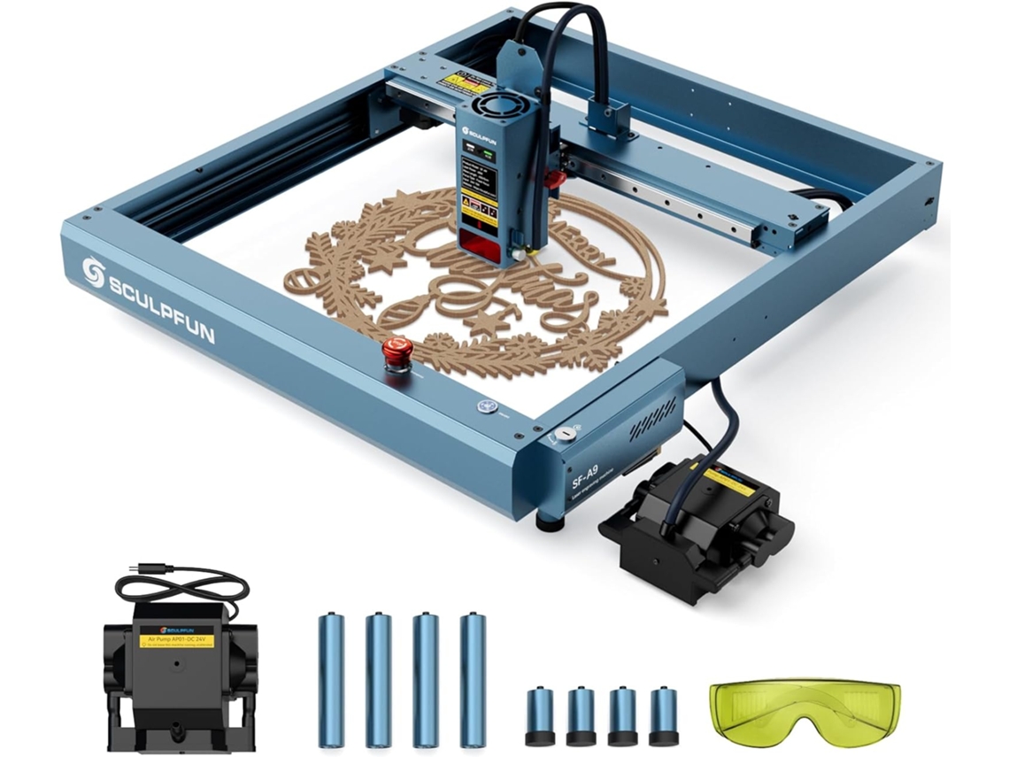 SCULPFUN Sf-A9 Máquina de Gravação a Laser 40W/20W com Assistência de Ar e Pés Elevados Foco Preciso Gravação de Alta Velocidade de 36000 Mm/Min
