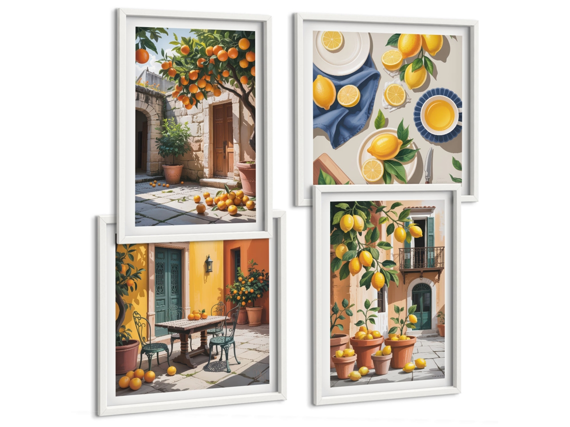 Composição De Quadros Frutas Cítricas No Jardim Moldura Branca Imagens Para Um Quarto Infantil Espelharte (conjunto De 4 Imagens)