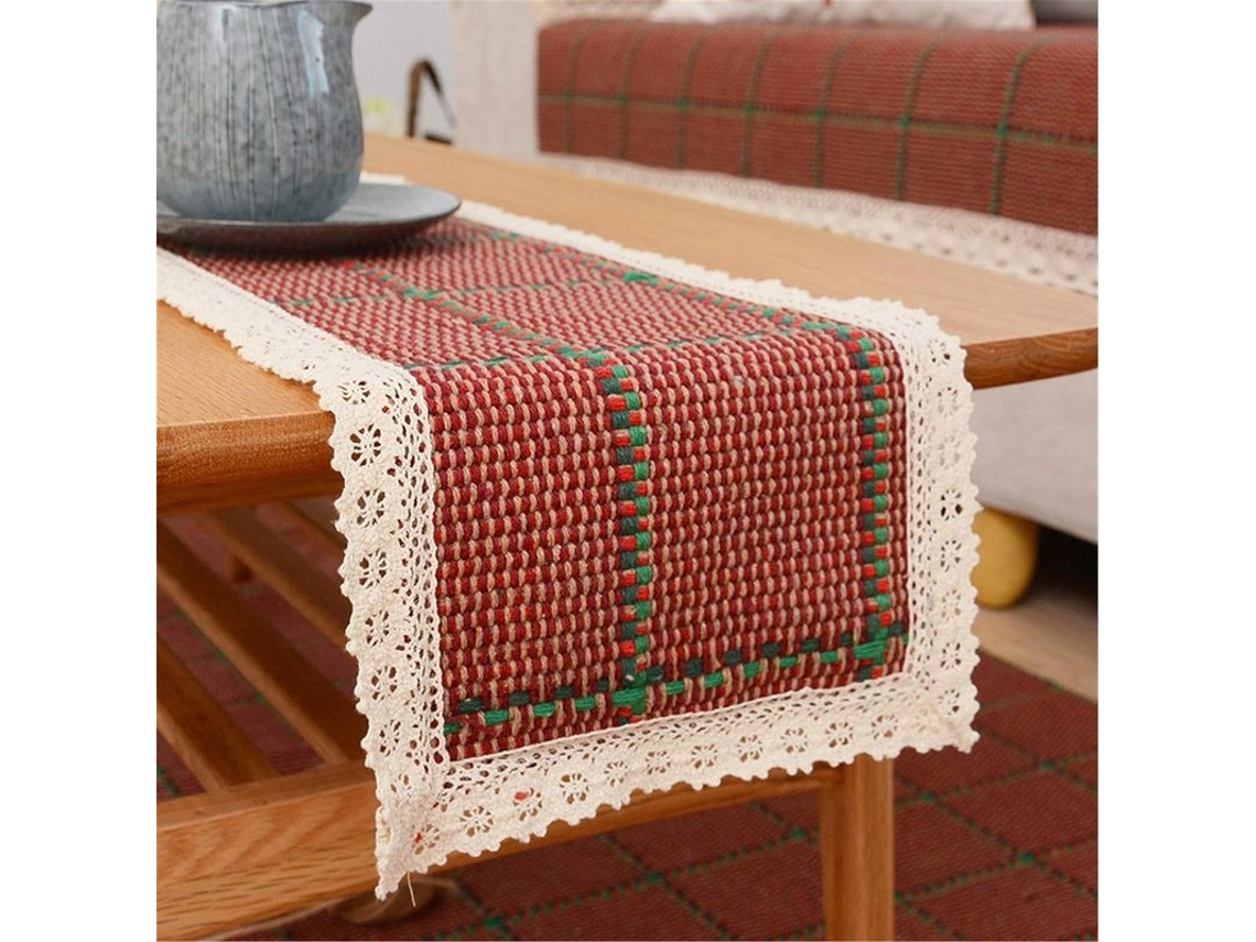 Mantel Rústico De Algodão E Linho, 12x70 Polegadas, Vermelho, Design Macramê, Para Mesa De Jantar, Café Ou Tv