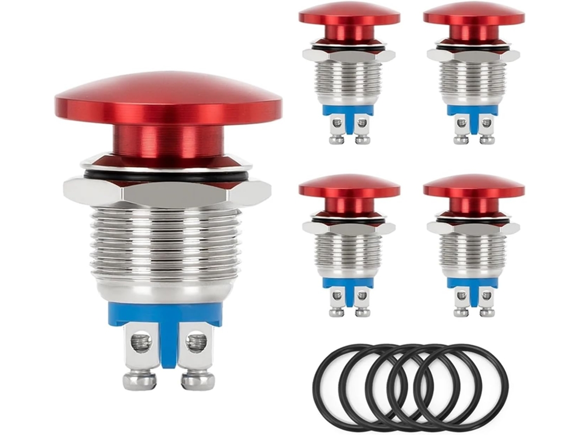 Conjunto de 5 botões momentâneos, cabeça Cogumelo de 16 mm em metal, à prova d'água, IP65, SPST Liga