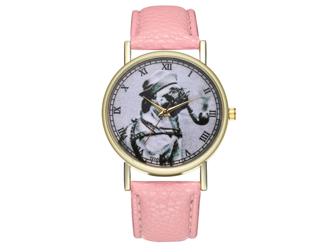 Relógio Vintage Fashion Dog Smoke para Mulheres e Homens com Pulseira de Couro e Quartzo Rosa