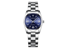 Relógio de casal feminino em aço inoxidável azul escuro com mostrador redondo, à prova d'água e luminoso.