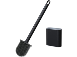 Escova Sanitária de Silicone com Suporte para Parede, Cabo Longo Antiderrapante, Ideal para Uso Profissional no Banheiro, Preta