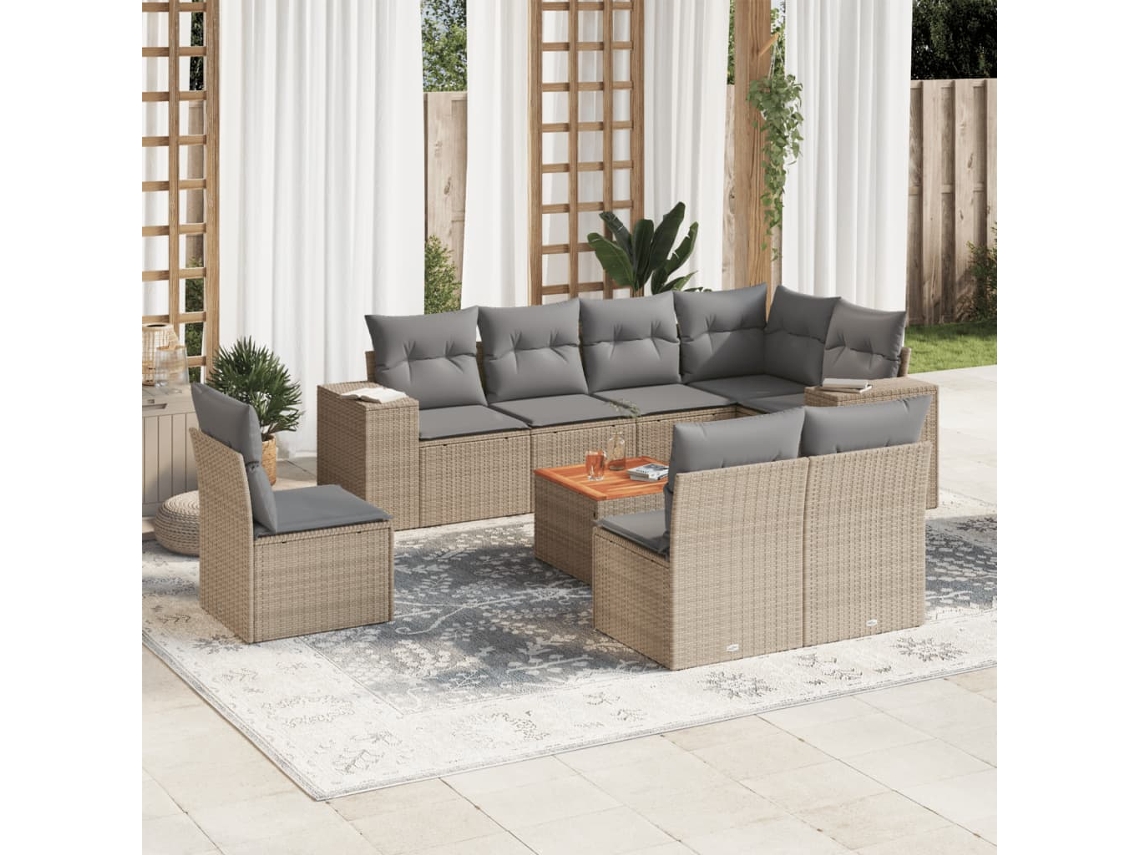 Vidaxl 9 Pcs Conjunto De Sofás P/ Jardim Com Almofadões Vime Pe Bege