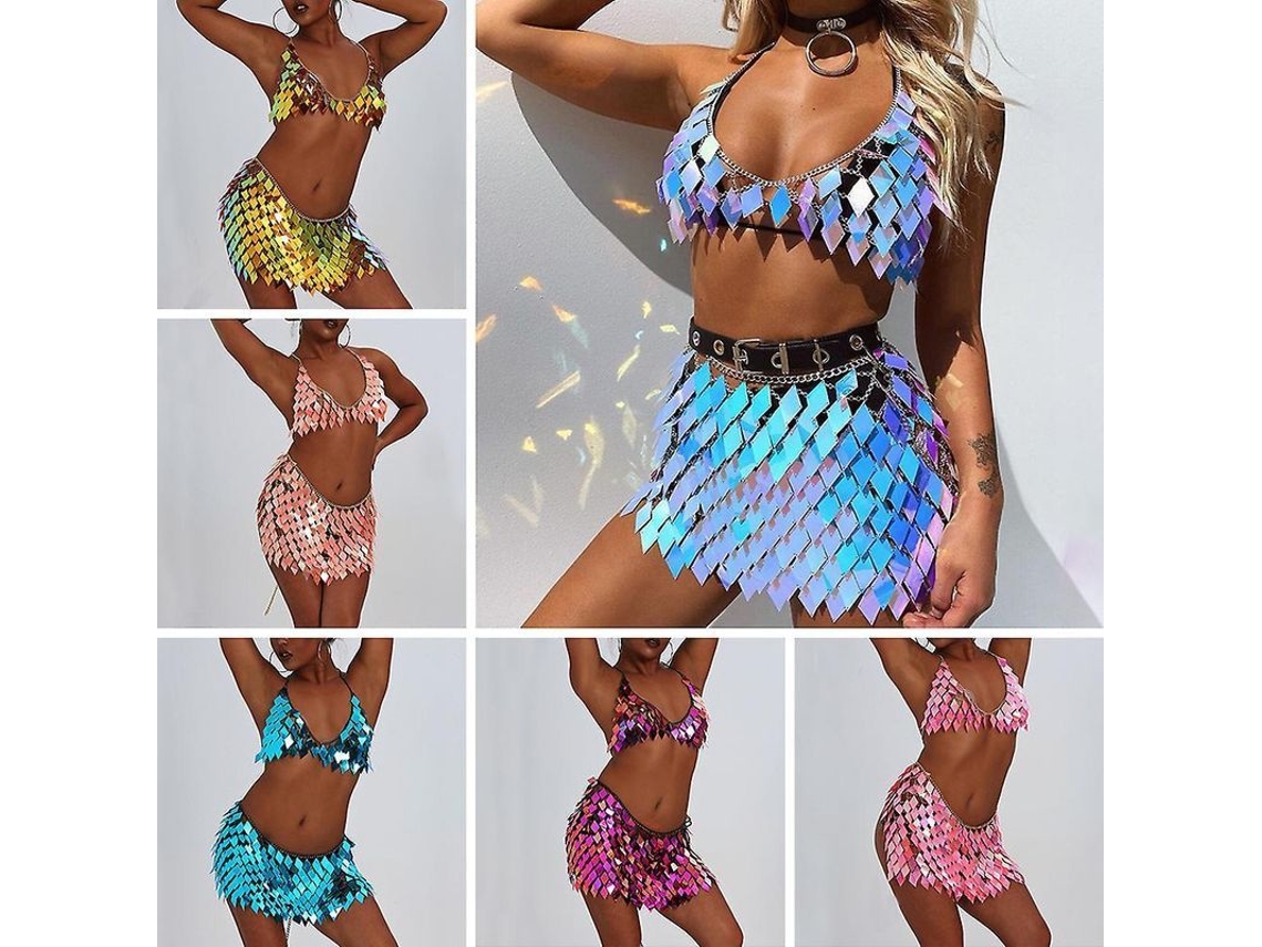 Conjunto 2026 com colar, body e franjas sequenciais, sutiã, saia e biquíni azul para festa, rave e balada (Fkv)