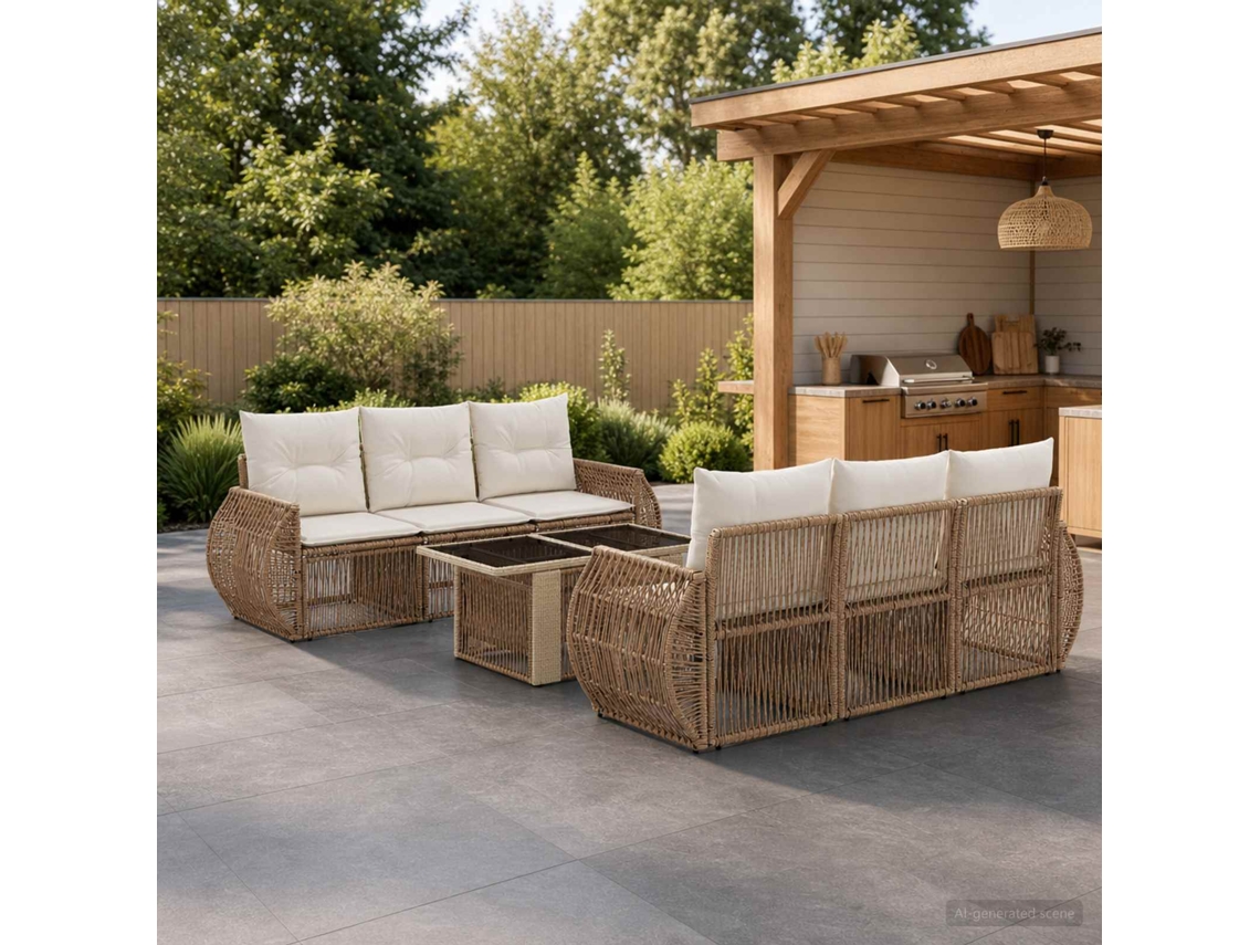 Vidaxl Conjunto De Sofá De Jardim 7 Unid. Bege E Branco Creme Vime Pe