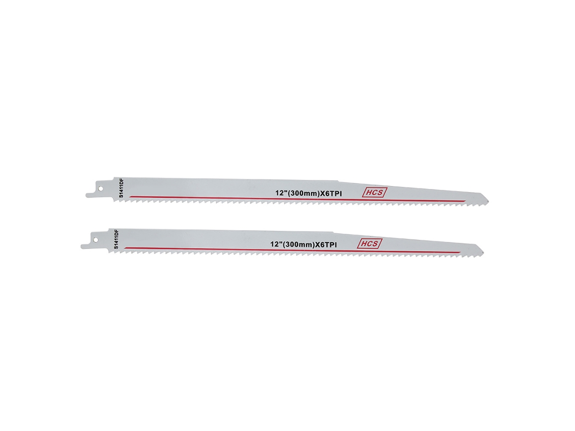 2 lâminas de serra recíproca HSS para corte de madeira e metal, 300x19x1,2mm, 6 dentes por unidade.