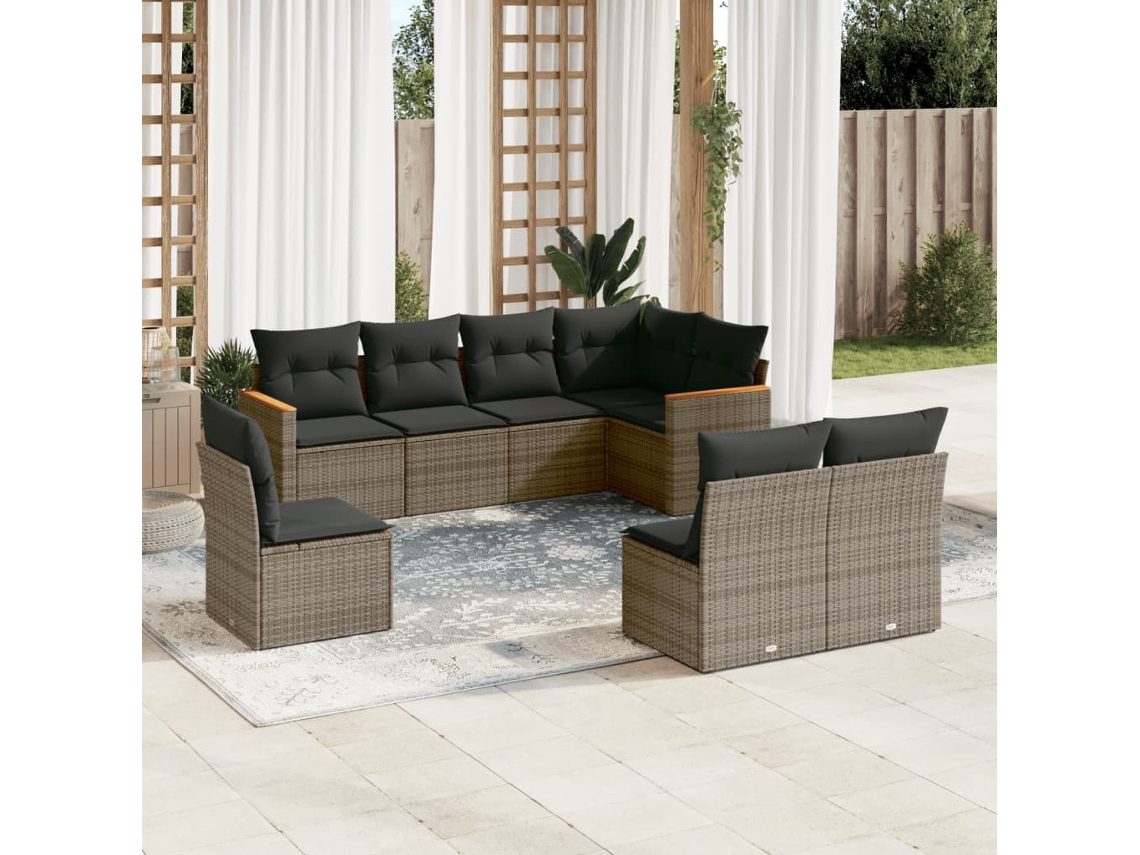 Vidaxl 8 Pcs Conjunto Sofás De Jardim C/ Almofadões Vime Pe Cinzento