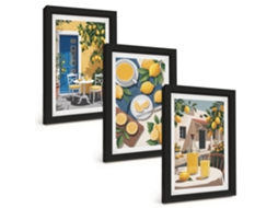 Conjunto De Pinturaslimonada, Pátio, Sol Moldura Preta Quadros Para A Sala De Estar Espelharte (3 Peças 20x30 Cm)