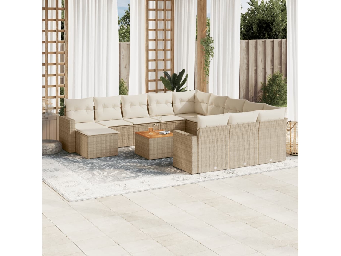 Vidaxl 13 Pcs Conjunto De Sofás P/ Jardim Com Almofadões Vime Pe Bege