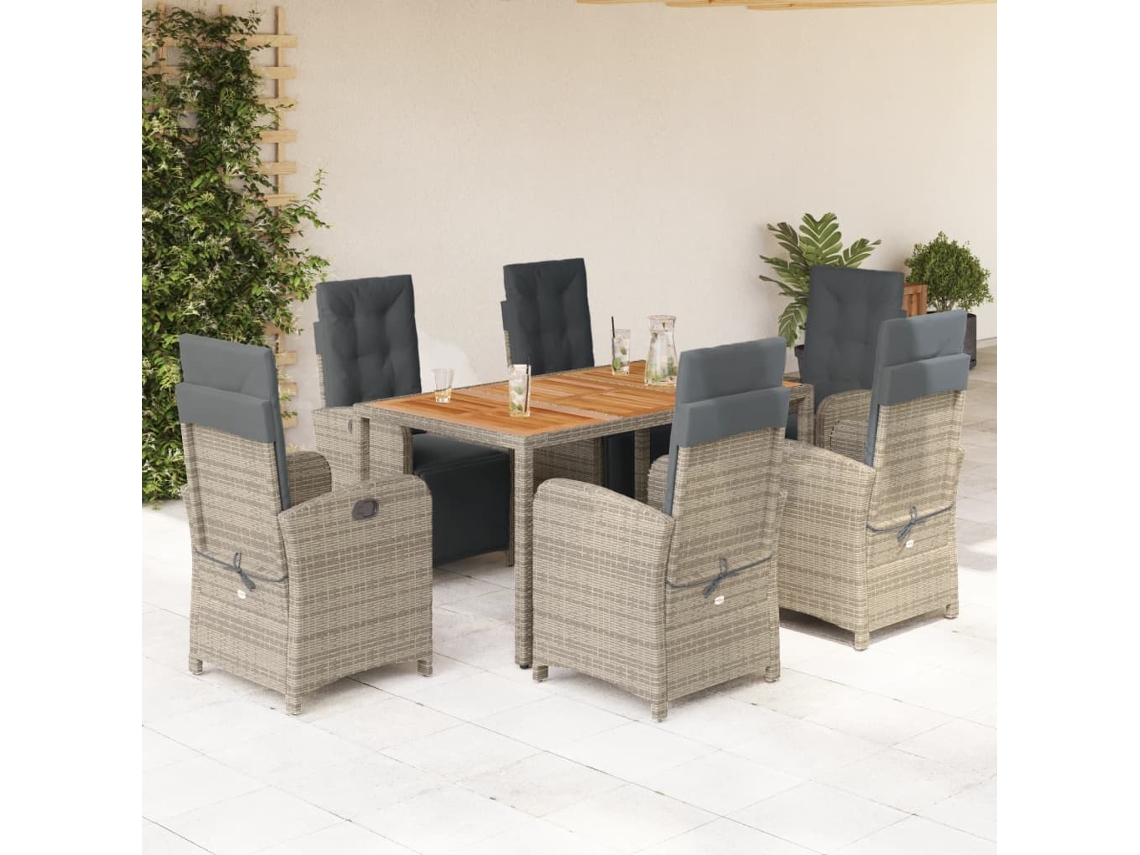 Conjunto 7 Peças Jantar P/ Jardim C/ Almofadões Vime Pe Cinza Dkd Home Decor