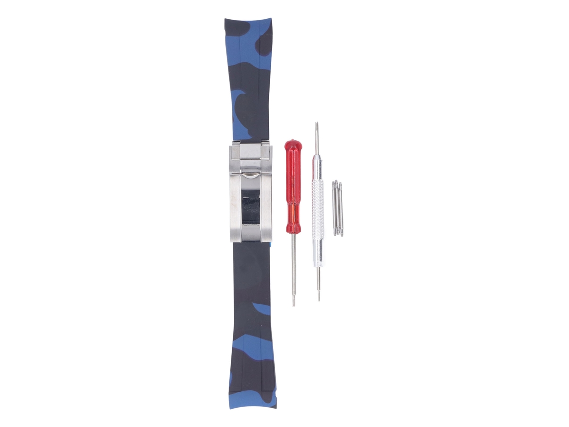 Cinto De Relógio De Borracha 20mm Camuflado Azul Prata