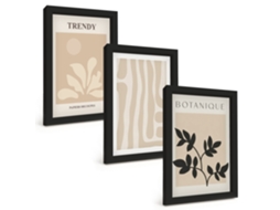 Composição De Quadros Padrões Elegantes De Plantas Em Preto E Bege Espelharte (3 Peças 20x30 Cm)