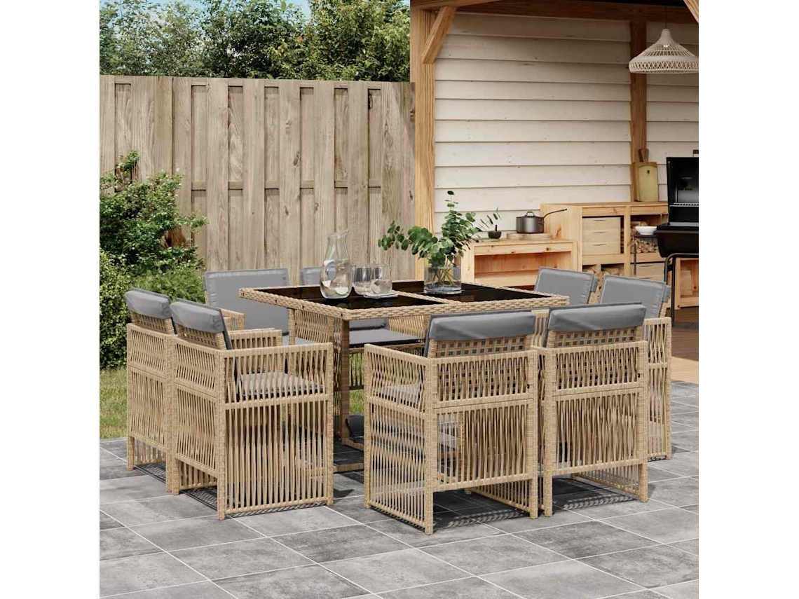 Vidaxl 9 Pcs Conj. Jantar Jardim C/ Almofadões Vime Pe Bege Misturado