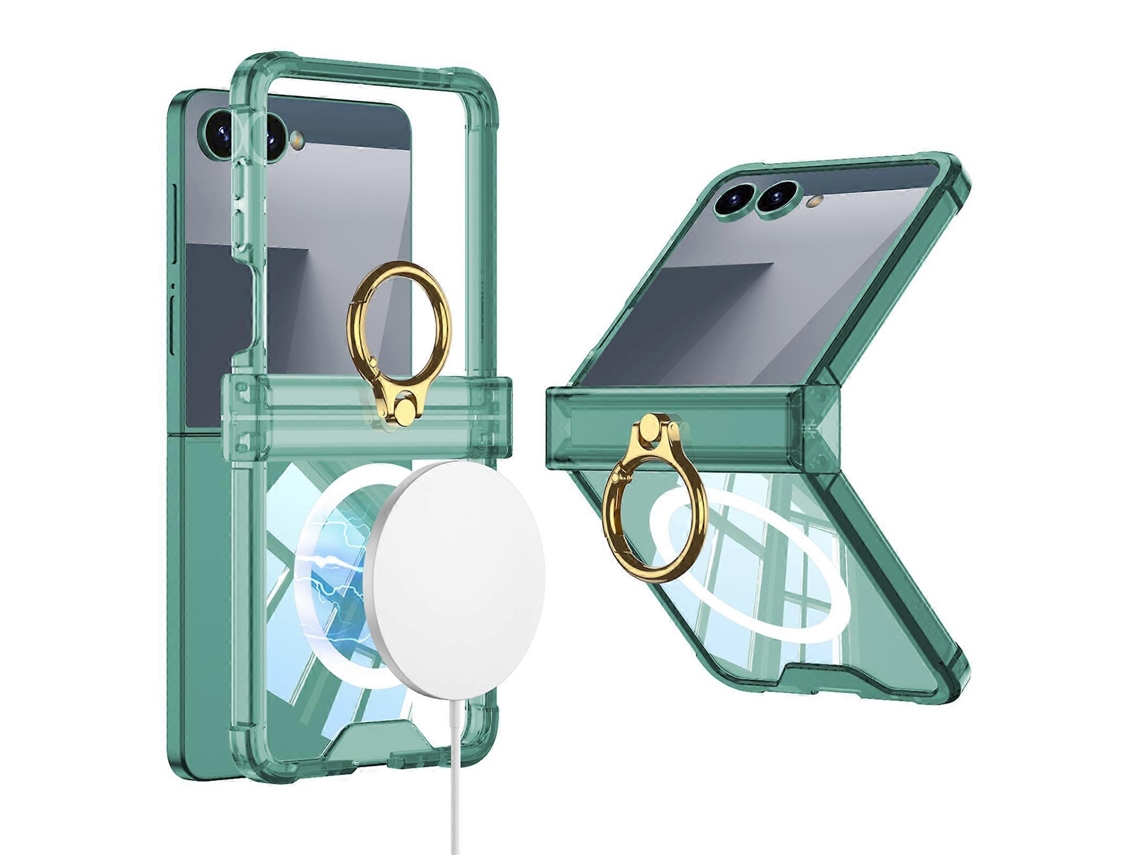 Capa Magnética Gkk Para Samsung Galaxy Z Flip7 5g Com Suporte De Anel E Proteção De Dobradiça Para Airbag, Capa De Telefone À Prova De Choque, Verde