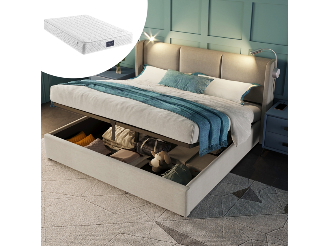 Cama Casal 160x200 Estofada com Baú Usb e Luz Leitura