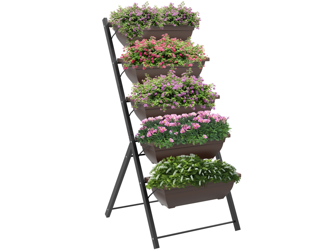 Suporte Para Plantas De 5 Níveis Com 5 Vasos E Orifícios De Drenagem, Ideal Para Interior E Exterior, 55x63x120 Cm, Preto