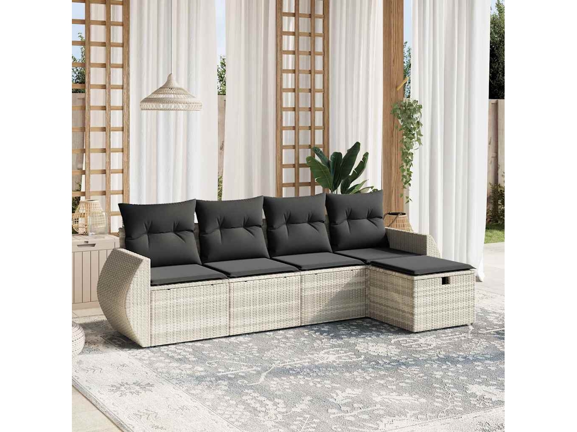 Vidaxl 5 Pcs Conj. Sofás Jardim C/ Almofadões Vime Pe Cinzento-claro