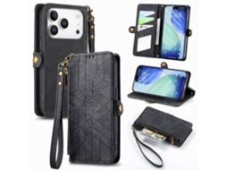 Capa De Couro Para Iphone 17 Pro Max Com Zíper Geométrico E Fivela Lateral.