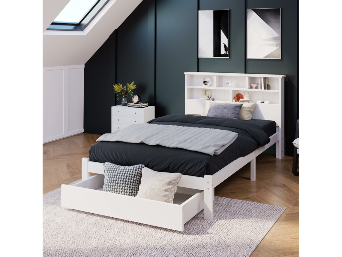 Cama de Casal VSOGA, 140x200 cm, Arrumação, Entrada USB, Linho, Base, Sem Colchão