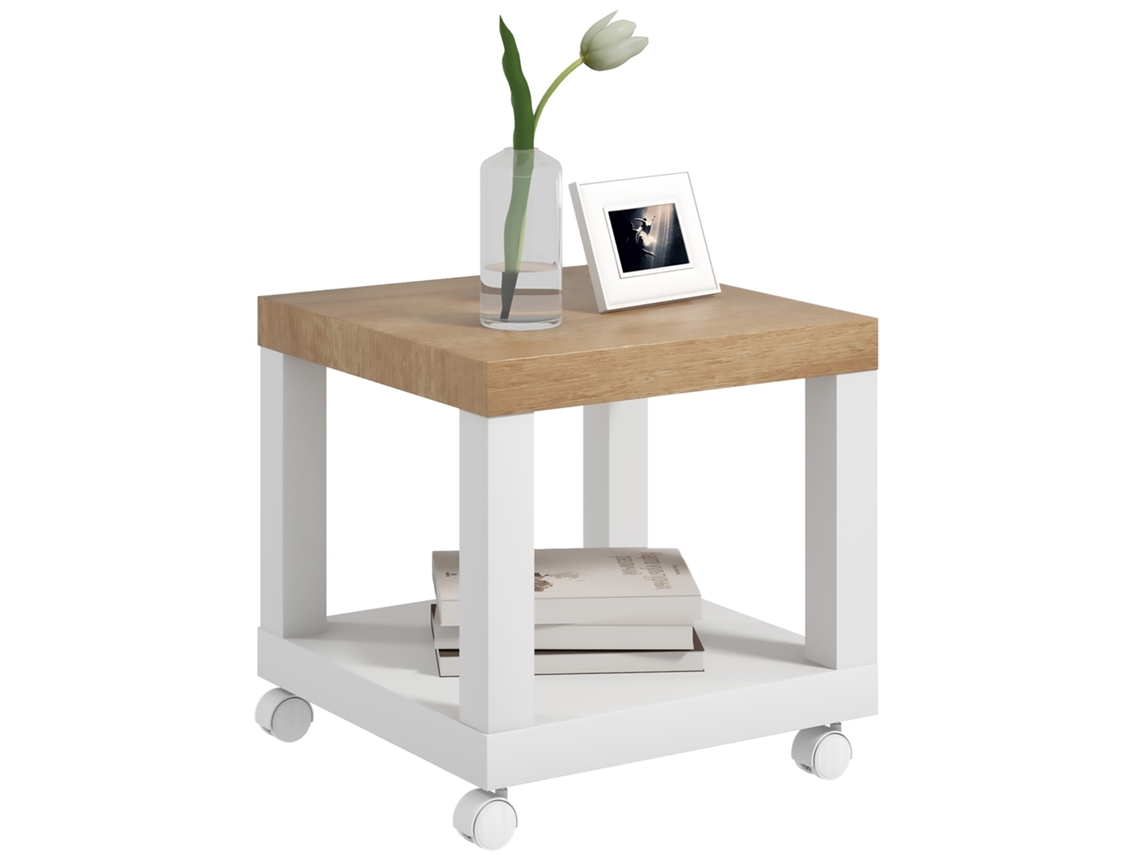 Mesa Auxiliar com Rodas, Prateleira Aberta para Sofá ou Dormitório (40x40x40cm, branco e madeira)