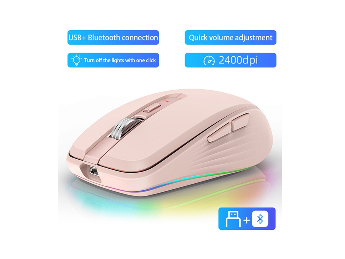 Rato Sem Fios Bluetooth 5.1 De Modo Duplo 2.4g, Rato Silencioso Para Computador Em Abs, Rosa