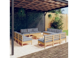 Conjunto Lounge Jardim 13 Peças C/ Almofadões Cinza Pinus Dkd Home Decor