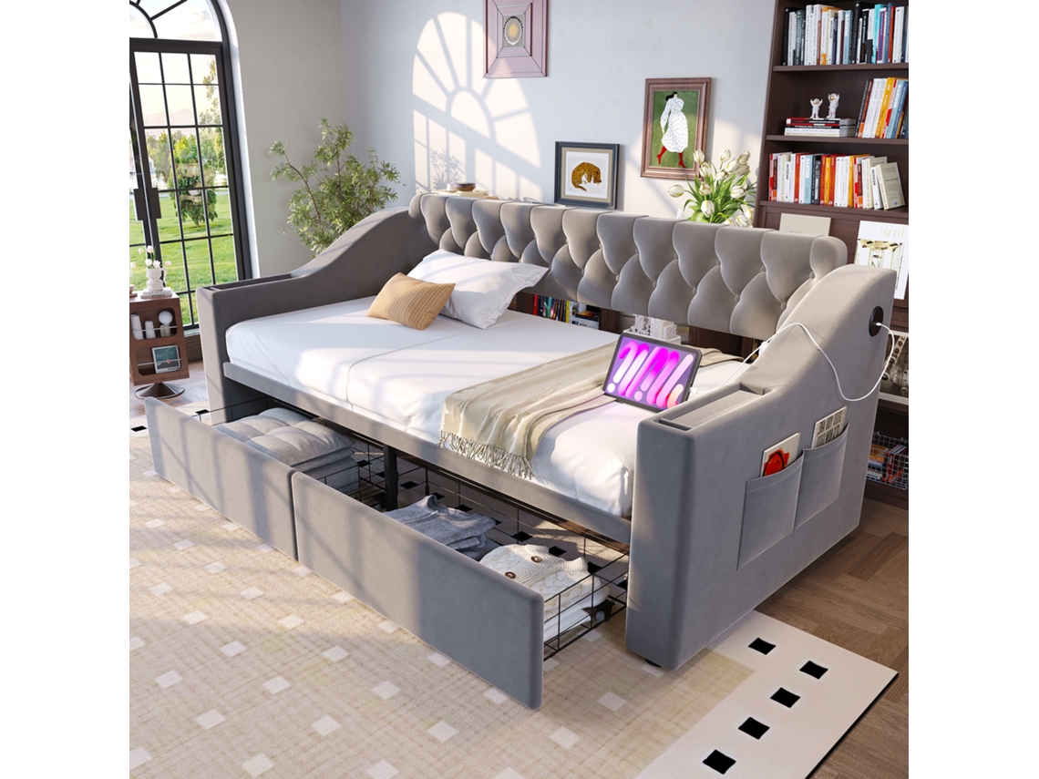 Sofá Cama 90x190 Cm Braços Largos Usb Armazenamento Seda Cinza Claro