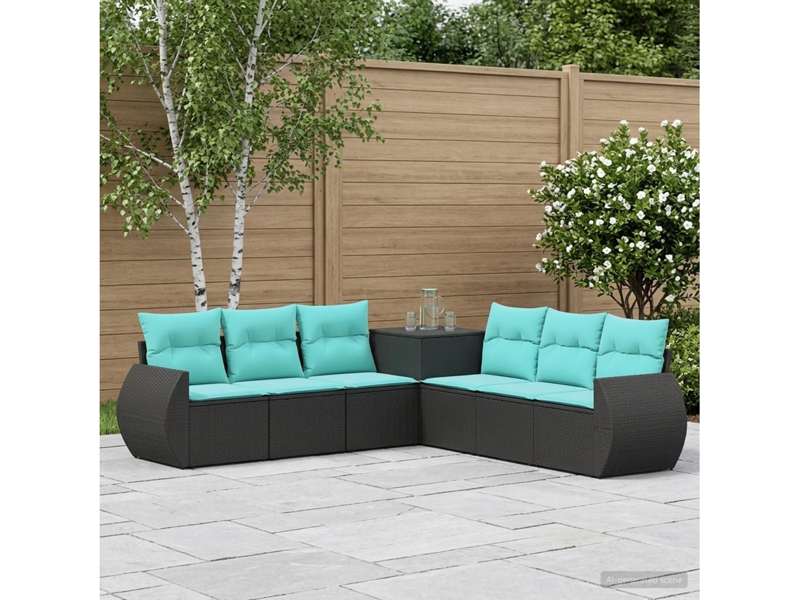 Vidaxl Conjunto De Sofás 7 Unid. Preto E Azul Rattan Poliéster E Aço