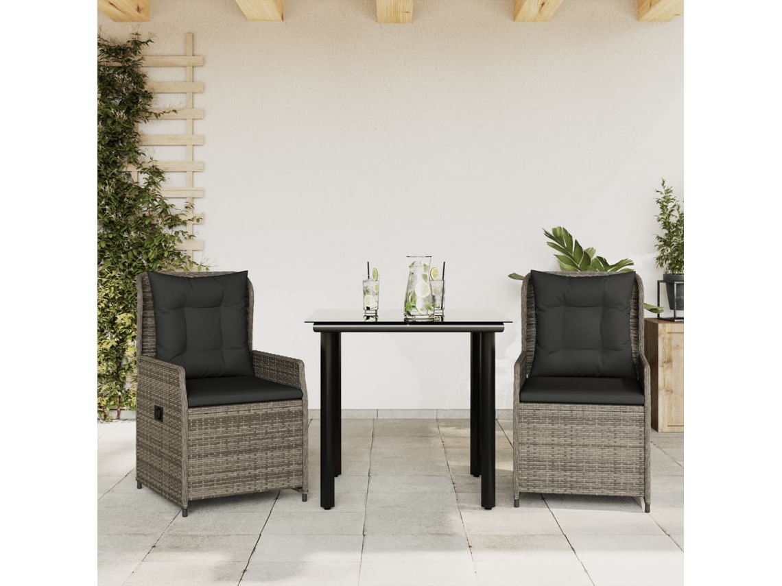 Vidaxl 3 Pcs Conjunto De Jantar P/ Jardim C/ Almofadões Vime Pe Cinza