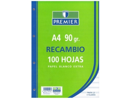 Livro Recambio A4 100h 4 Taladros 90g Pauta 2,5mm C/m Premier De Desconocido (espanhol)