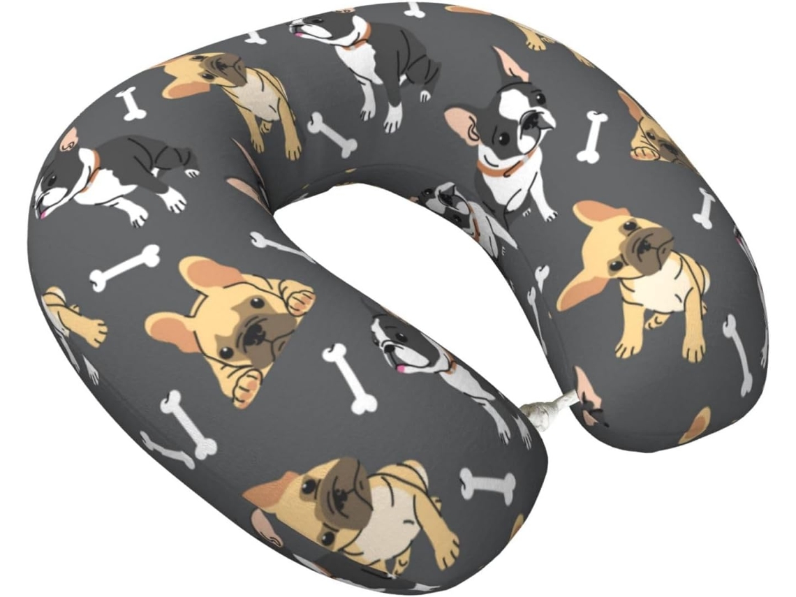 Almofada de viagem bicolor com estampa de buldogue francês em espuma de suporte leve com zíper.