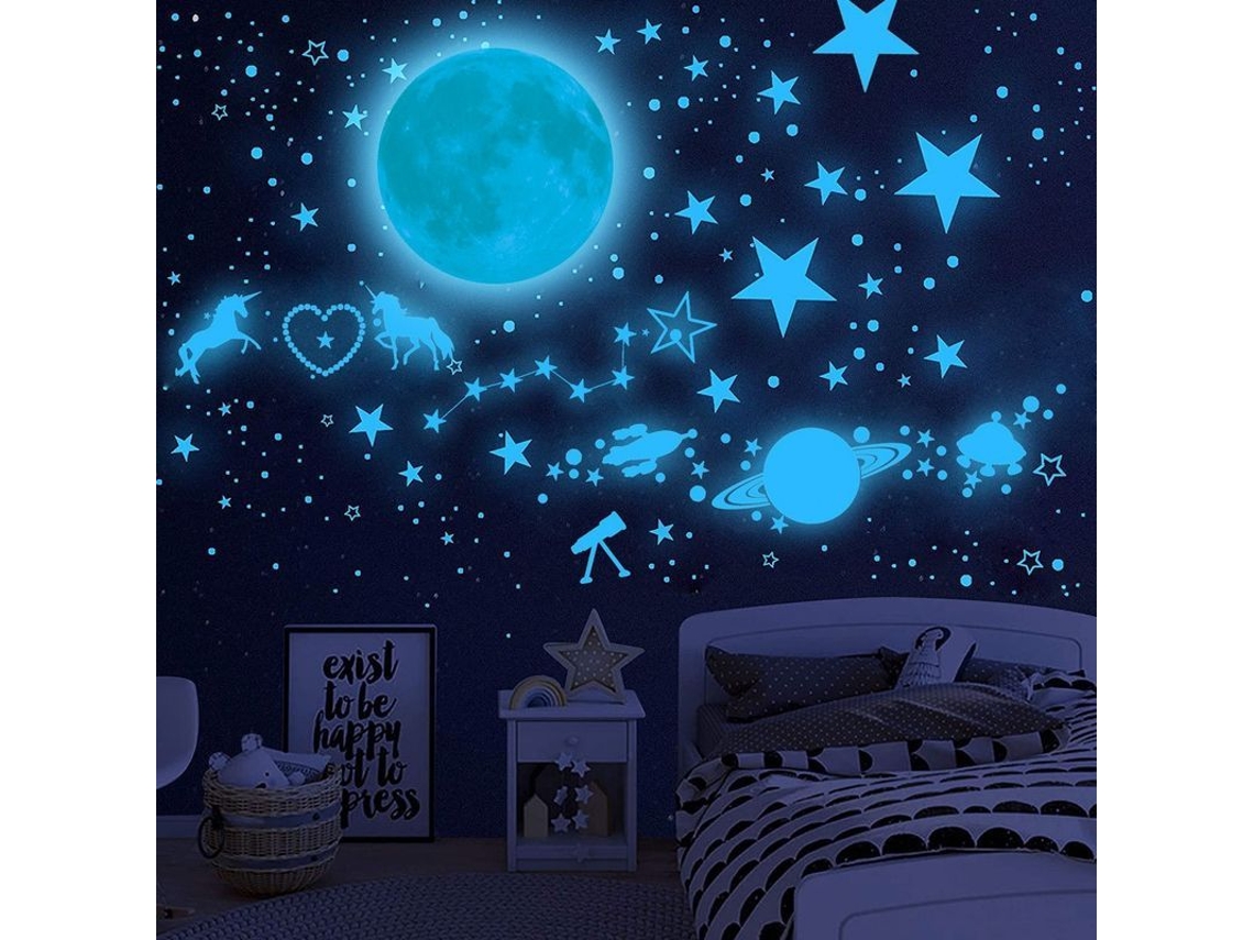 Adesivos de parede luminosos Lua Ciano 20cm + 898 adesivos de estrelas para decoração de casa infantil