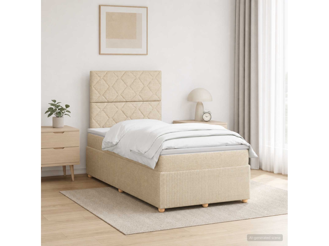 Vidaxl Cama Box Com Led E Colchão Creme 120 X 190 Cm Tecido