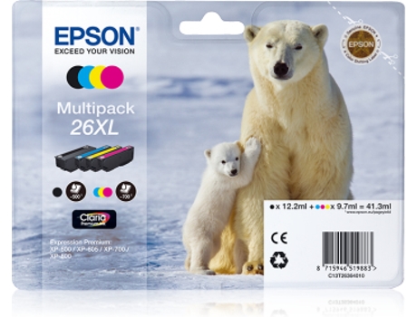 Pack 4 Tinteiros EPSON 26XL Cores (C13T26364020) — Nº Páginas aprox: 500-700 | Preto e Cores | XL