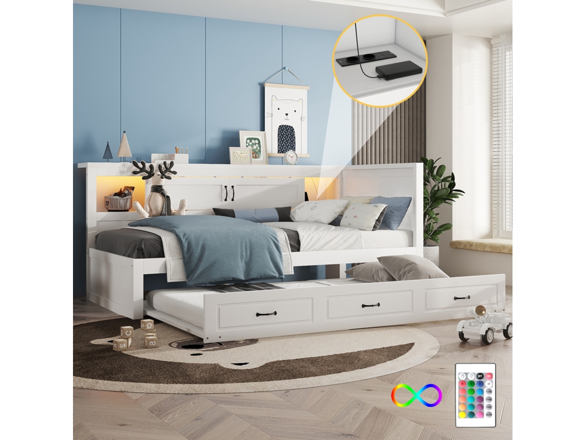 Sofá Cama 90x200cm Extensível Com Led Gaveta Tomada Usb Branco