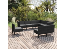 9 Pcs Conjunto Lounge De Jardim C/ Almofadões Vime Pe Preto Dkd Home Decor