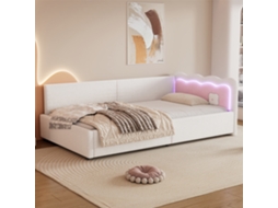 Sofá-cama 90x200 Led Veludo Branco Ripas Cama Solteiro Conversível