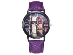 Relógio de quartzo unissex com pulseira de couro PU, mostrador redondo, modelo T431 (roxo)