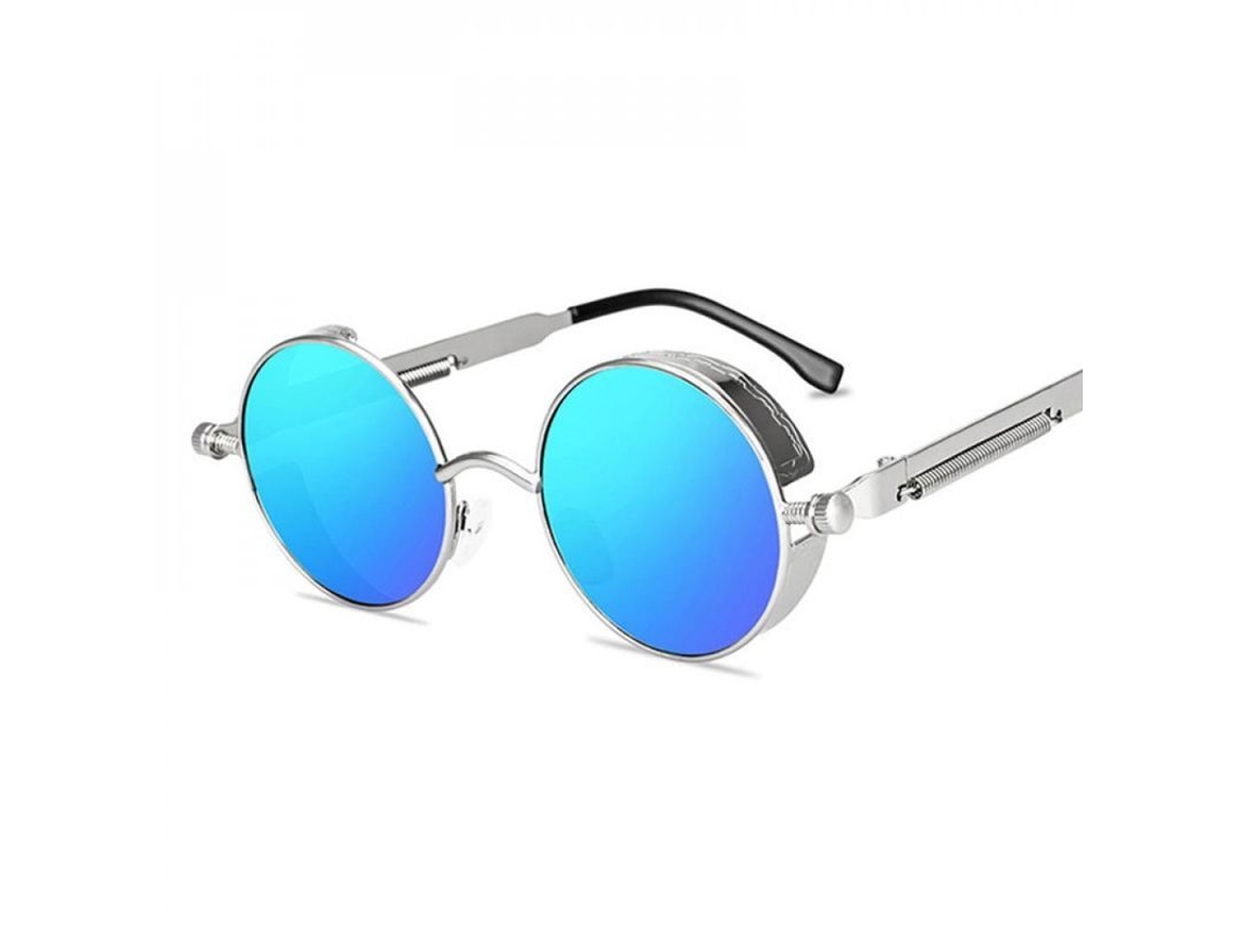 2026-óculos De Sol Redondos Vintage Steampunk Góticos Metal Retro Design Para Homens E Mulheres Ilu Azul Plateado