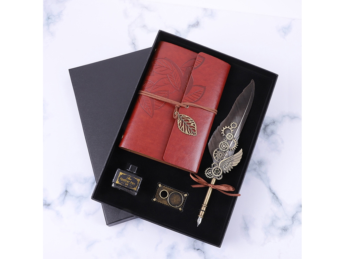 Conjunto Pluma De Ave Feather Pen E Tinta Vintage Para Caligrafia Com Caderno E Estojo De Canetas Presente De Aniversário