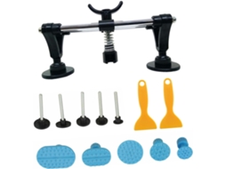 Kit de ferramentas para reparação de massas automotivas com alavancas e elevador.