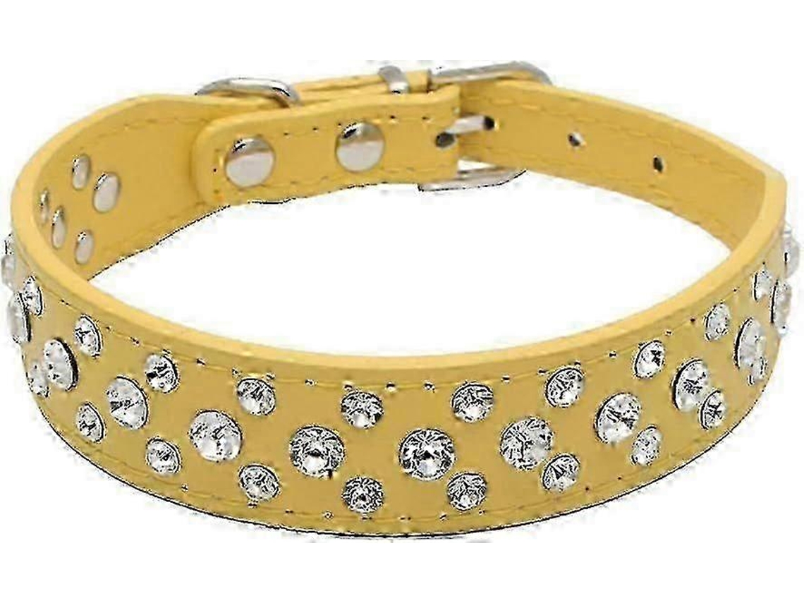 Coleira De Cachorro De Couro Ajustável Com Cristais Strass, Pequenos E Médios Portes, 12-20 Polegadas S04-médio-amarelo