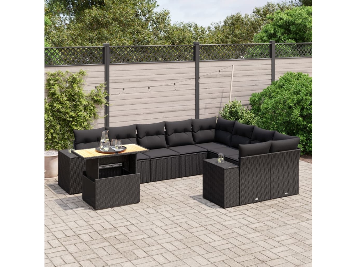 Vidaxl 10 Pcs Conjunto Sofás De Jardim C/ Almofadões Vime Pe Preto