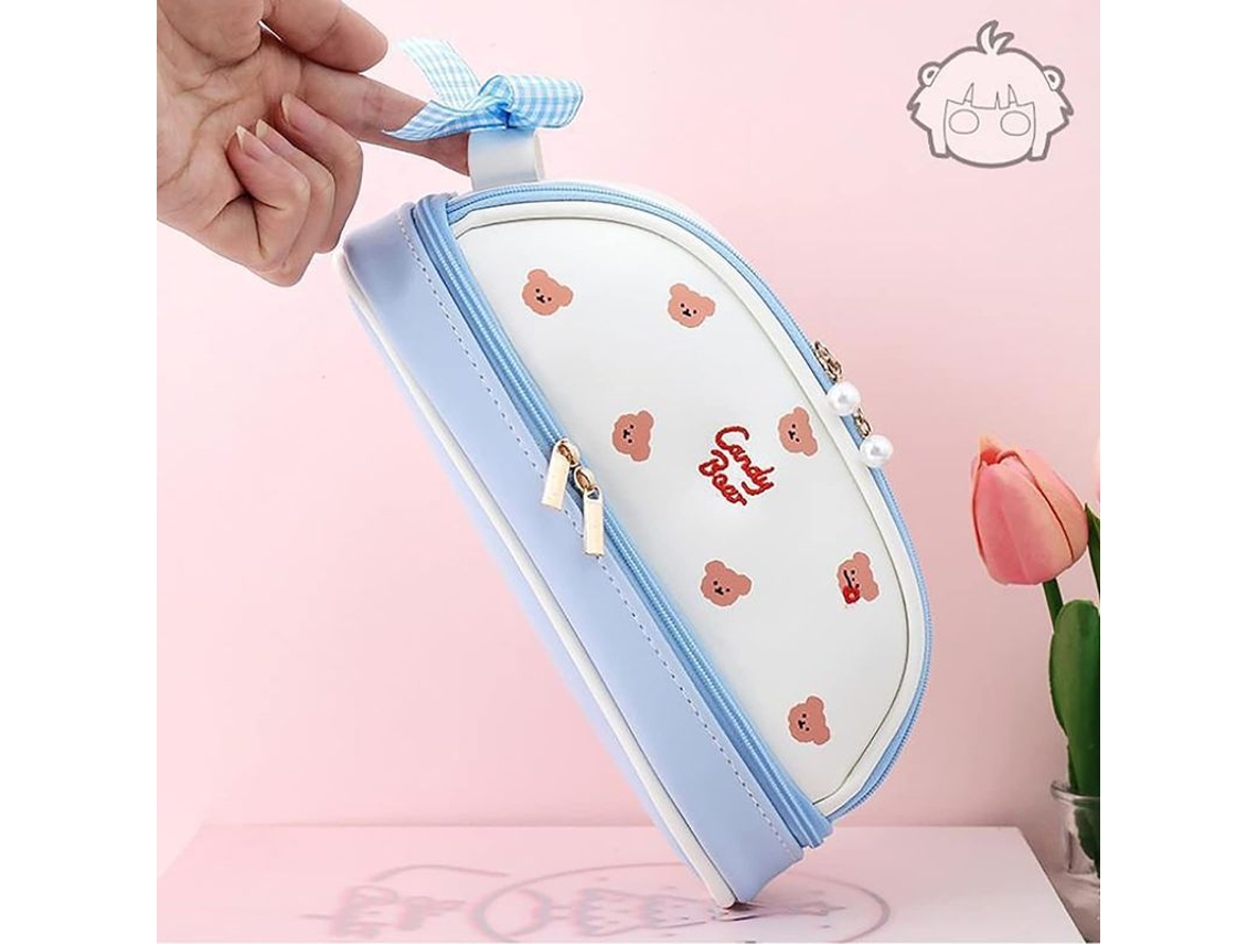2026rebe 1 Unidade Estojo de Lápis para Meninas Kawaii, Estojo de Urso, Azul, Material Pu, Capacidade Ampla, Multifuncional