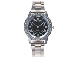 Relógio de Pulso Feminino Vansvar Quartzo com Pulseira de Aço e Strass Números Romanos Prata Preto
