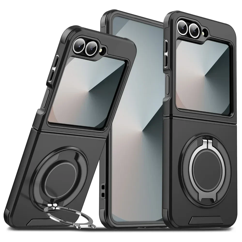 (preto, Galaxy Z Flip6) Capa De Luxo Em Couro Magnético Com Rotação De 360° E Suporte De Anel, Capa Protetora Rígida.