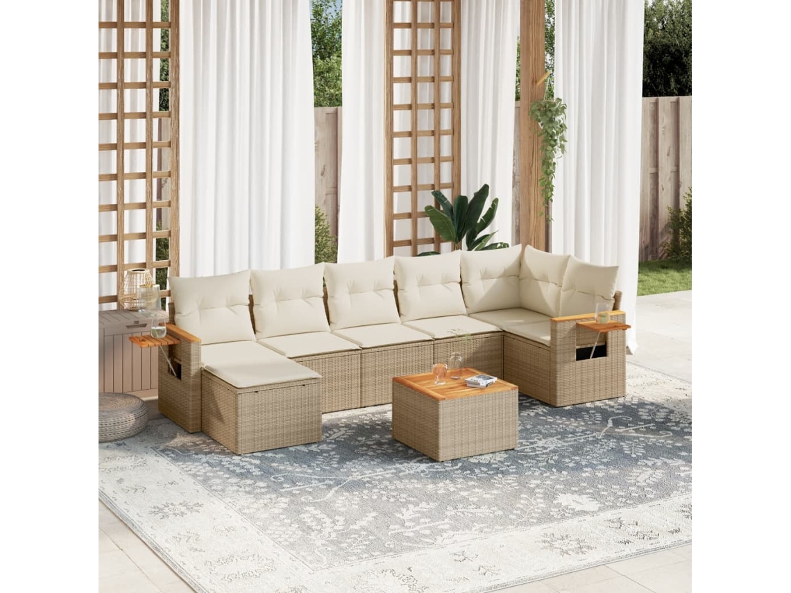 Vidaxl 8 Pcs Conjunto De Sofás P/ Jardim Com Almofadões Vime Pe Bege